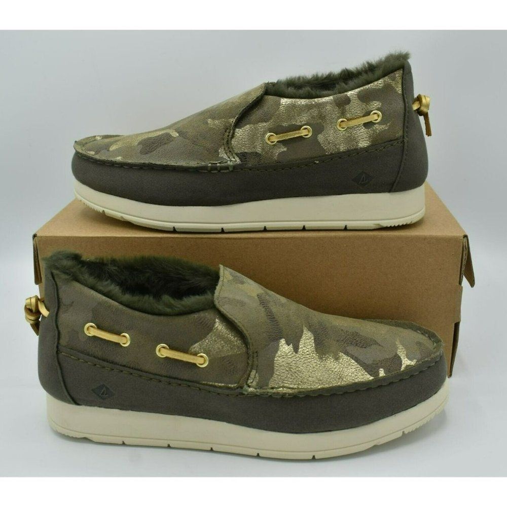 Sperry Womens 9.5 Moc-Sider Olive Metallic Camo Microfleece Lined Slip On Shoes